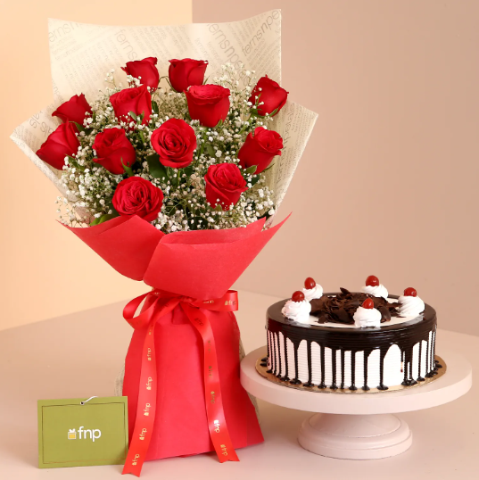 Red Roses Bouquet & Black Forest Cake