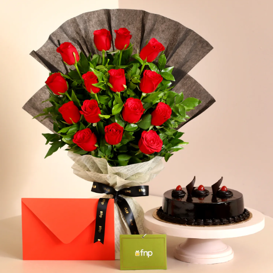 Red Roses Bouquet & Truffle Cake