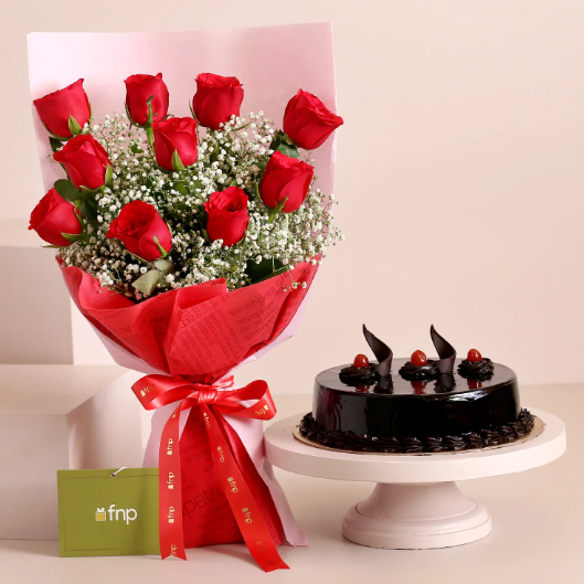 Elegant Red Roses Bouquet & Truffle Cake