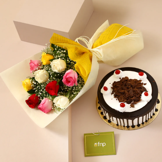 Garden of Colorful Roses Bouquet & Black Forest Cake
