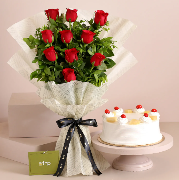 Elegant Vibe Red Roses Bouquet & Pineapple Cake