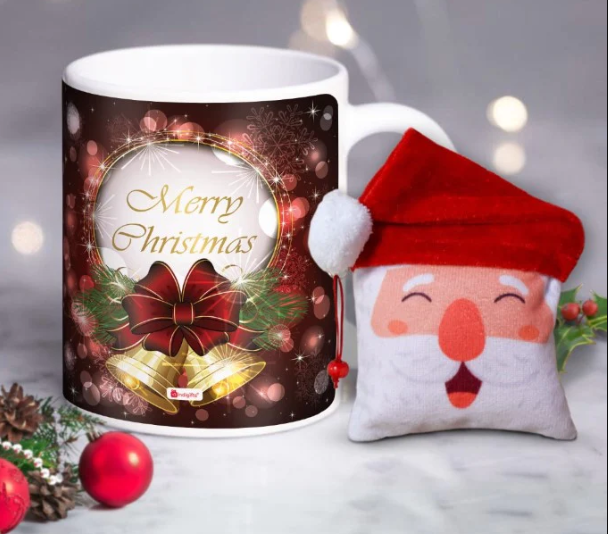 Christmas Printed Ceramic Coffee Mug Brown And Revesible Santa Soft Toy