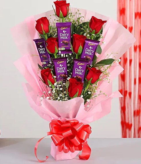 Red Roses Bouquet & Dairy Milk Chocolates